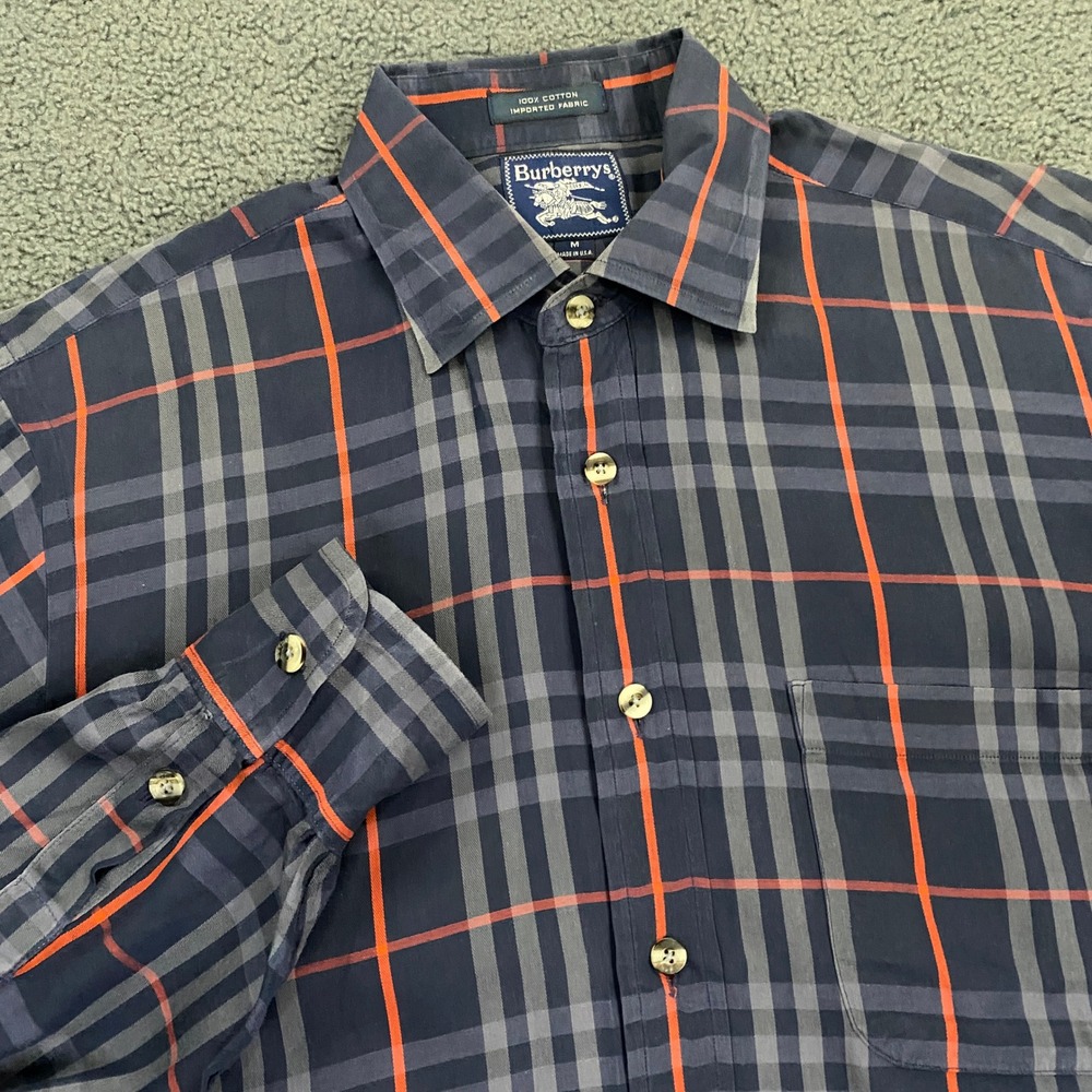 Vintage Burberrys Shirt Mens Medium Blue Gray Plaid Nova Check Button Down